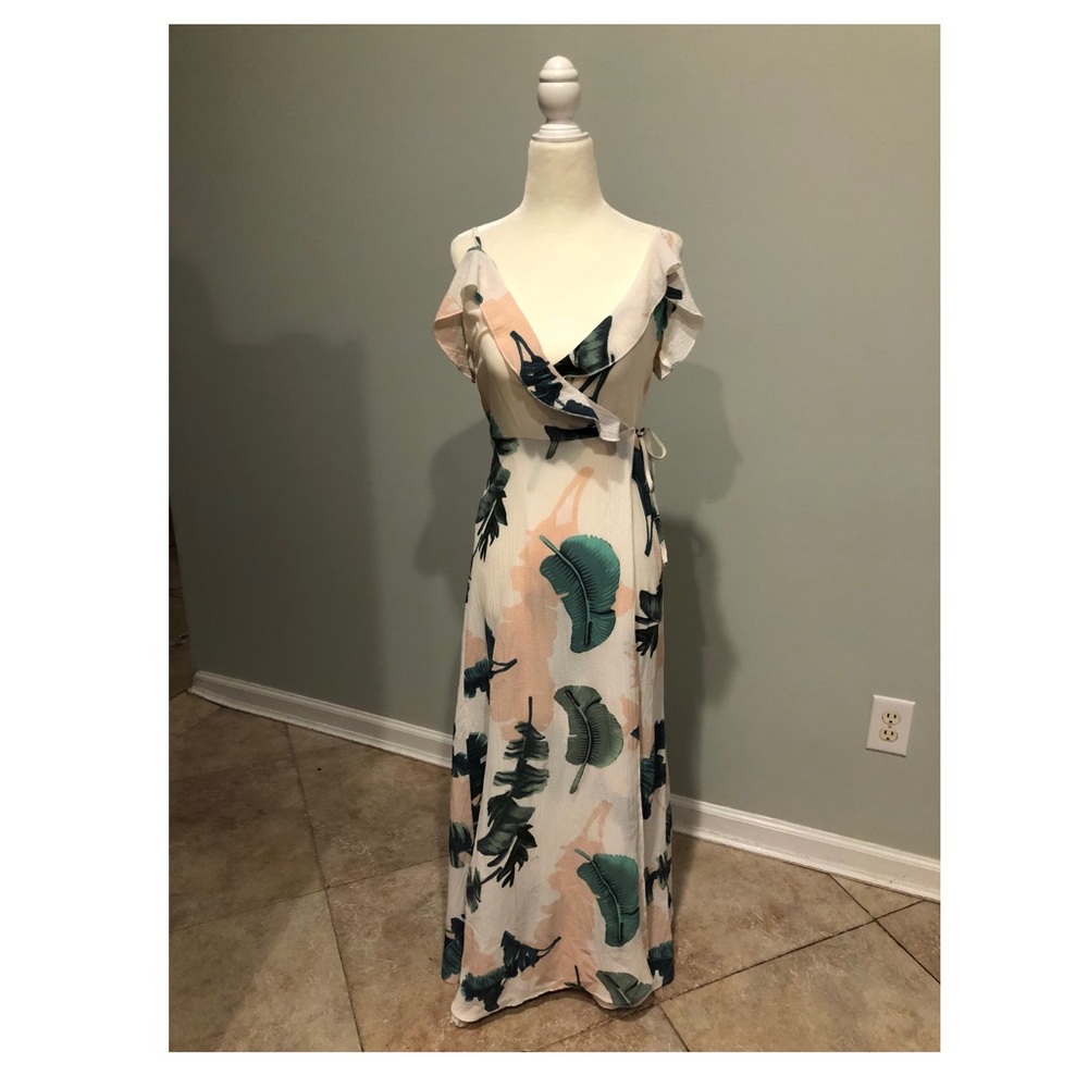 Palm Leaves Maxi Wrap Dress With Ruffle Detail